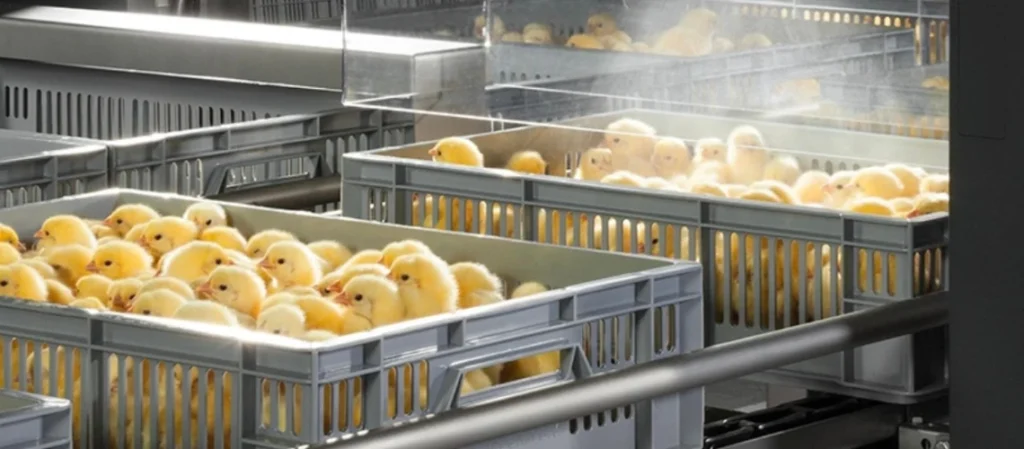 Representative day-old chicks in hatchery trays